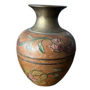 Vintage Solid Brass Cloisonne Floral Vase Heavy Enamel 6" Bronze Pink Green Boho